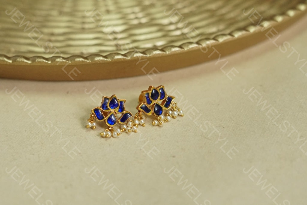 Blue Kundan lotus Earrings(1-1520)(PREORDER)