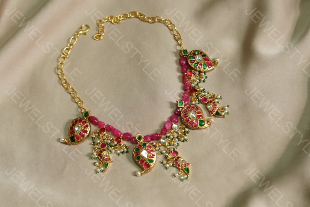 Pink beads Kundan mango necklace (4-3698)(PREORDER)