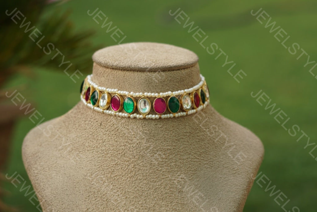 Multicolour Small Kundan choker(4-1947)(R)(PREORDER) - JEWELSTYLE