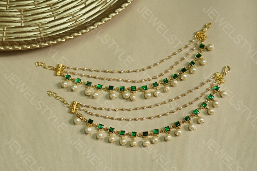 Green Kundan Ear Chain(9-20-c)(PREORDER) - JEWELSTYLE