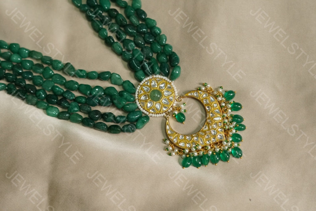 Green beads Kundan pendant necklace (4-3695)(R) (PREORDER)