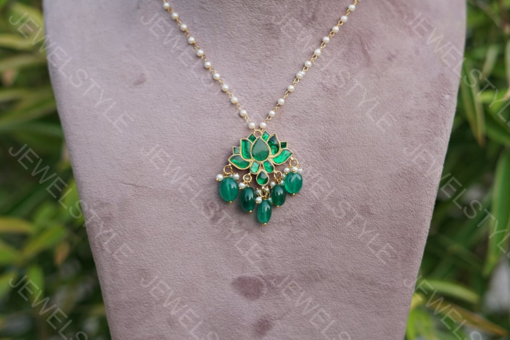 Green Kundan lotus pendant Chain(4-2015)(PREORDER)