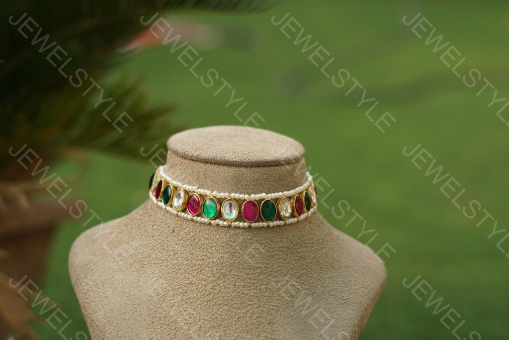 Multicolour Small Kundan choker(4-1947)(R)(PREORDER) - JEWELSTYLE