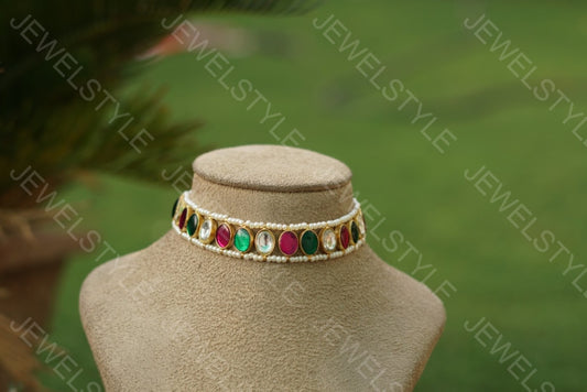Multicolour Small Kundan choker(4-1947)(R)(PREORDER) - JEWELSTYLE