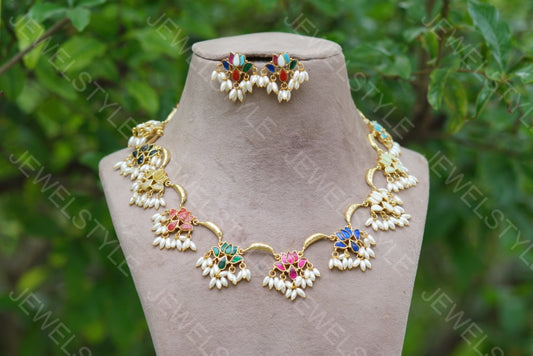 Navratan kundan lotus necklace set (4-5266)(R)(PREORDER) - JEWELSTYLE