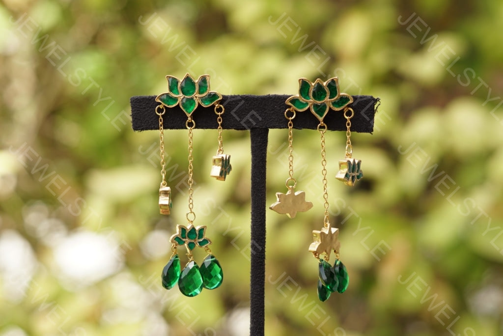 Dancing Green Kundan Lotus earrings(Preorder) 1-1084 - JEWELSTYLE