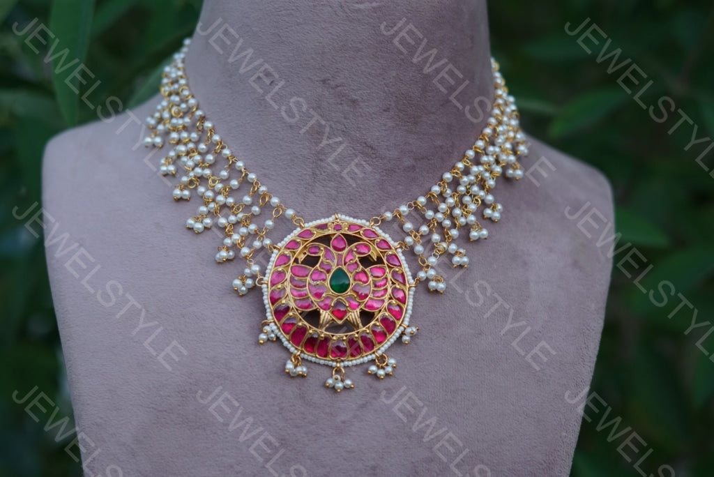 Round Pink Kundan Pendant Necklace (4-2459)(preorder)