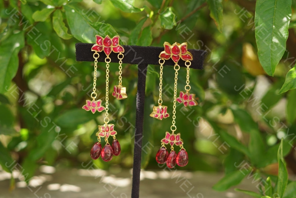 Dancing Kundan lotus earrings(PREORDER) (1-1057-c) - JEWELSTYLE
