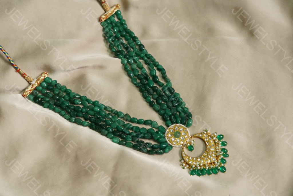 Green beads Kundan pendant necklace (4-3695)(R) (PREORDER)