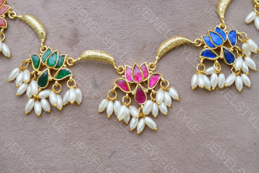 Navratan kundan lotus necklace set (4-5266)(R)(PREORDER) - JEWELSTYLE