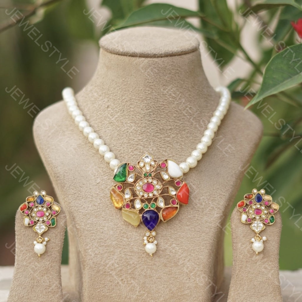 Navratan Kundan Pendant set(PREORDER)(4-1098) - JEWELSTYLE