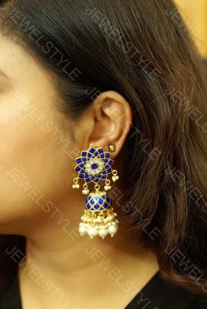 Blue Kundan jhumki(PREORDER) (1-1113) - JEWELSTYLE
