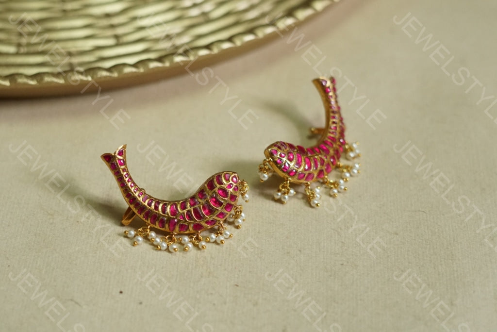 pink Kundan fish Earrings   (1-1775)(PREORDER) - JEWELSTYLE