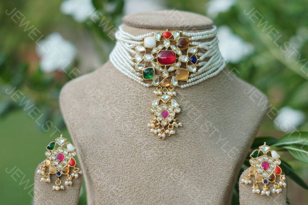 Navratan Kundan Choker set(PREORDER)(R)(4-1562) - JEWELSTYLE