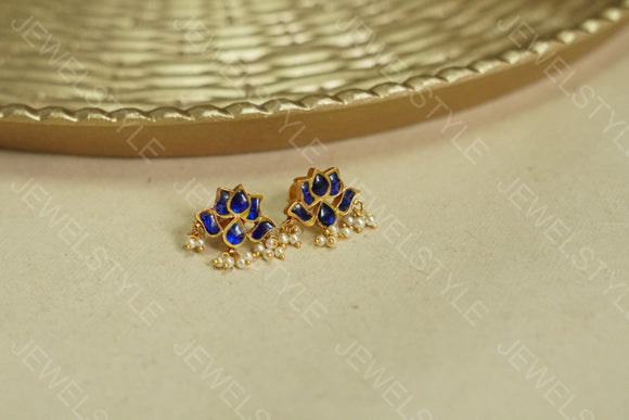 Blue Kundan lotus Earrings(1-1520)(PREORDER)