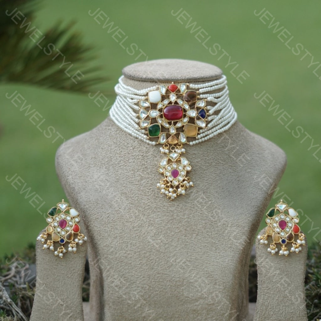 Navratan Kundan Choker set(PREORDER)(R)(4-1562) - JEWELSTYLE