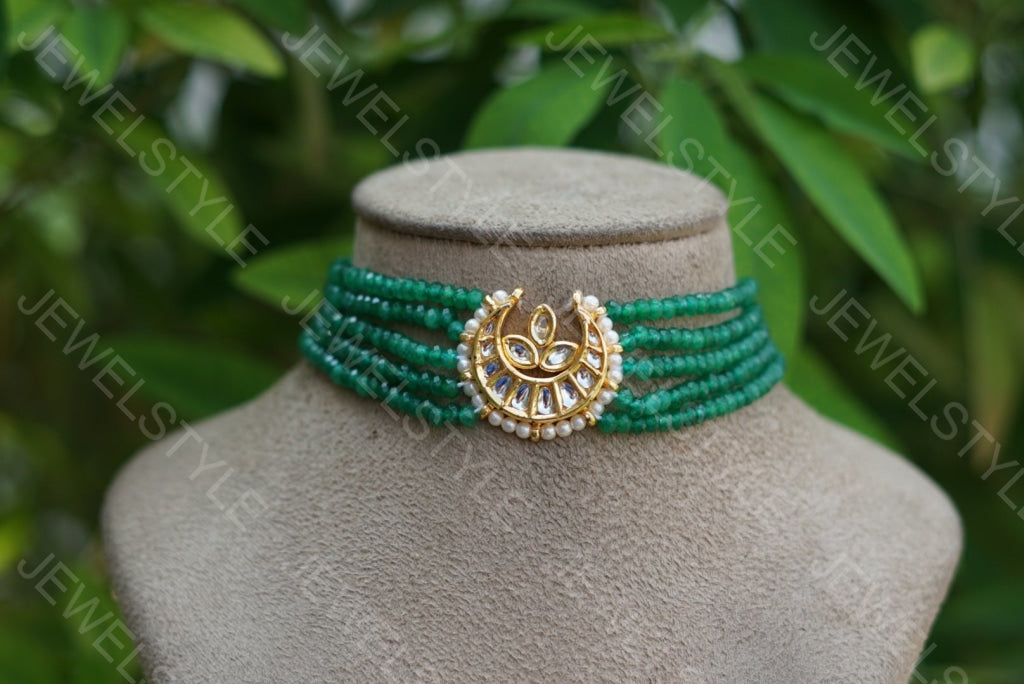 Green beads Kundan Choker (4-2279-c)(N) - JEWELSTYLE
